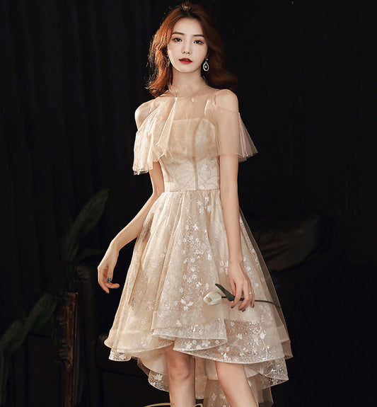 Cute tulle high low prom dress shiny evening dress 8444