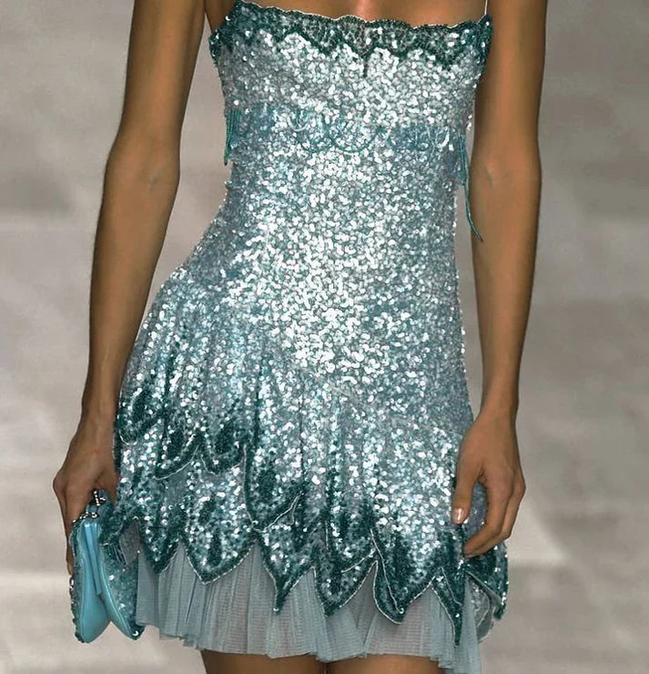 Sparkly Blue Strapless Sequin Homecoming Dress Spaghetti Straps Cocktail Dress Birthday Outfits SH3502