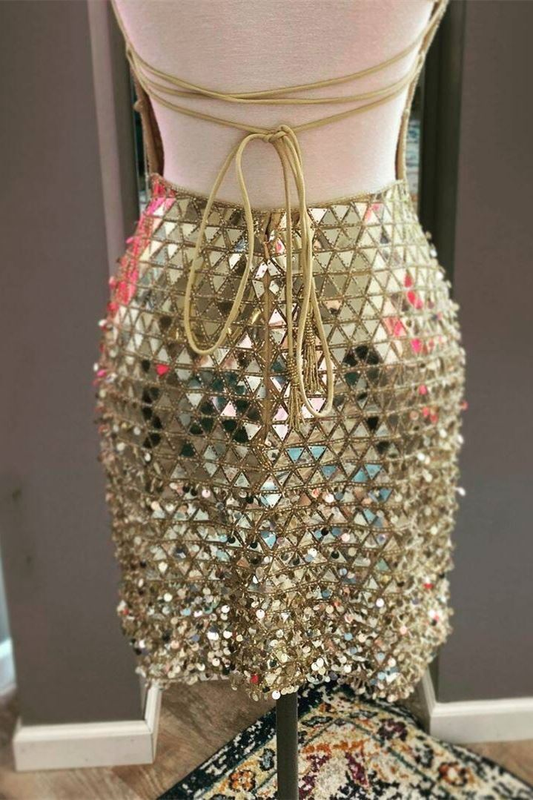 Gold glitter sexy tight spaghetti strap short sequin homecoming dress evening dress cocktail party dress gh1216