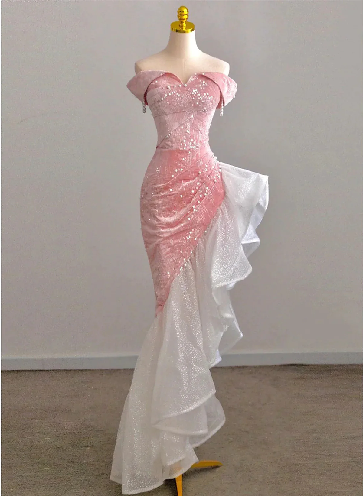 Lovely Pink Sequins Velvet High Low Prom Dress, Pink Mermaid Off The Shoulder Party Dress fg4885