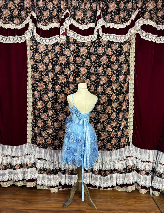 Retro Blue Floral Applique A-Line Elegant Chiffon Tiered Homecoming Dress Evening Dress Prom Dresses TP4141