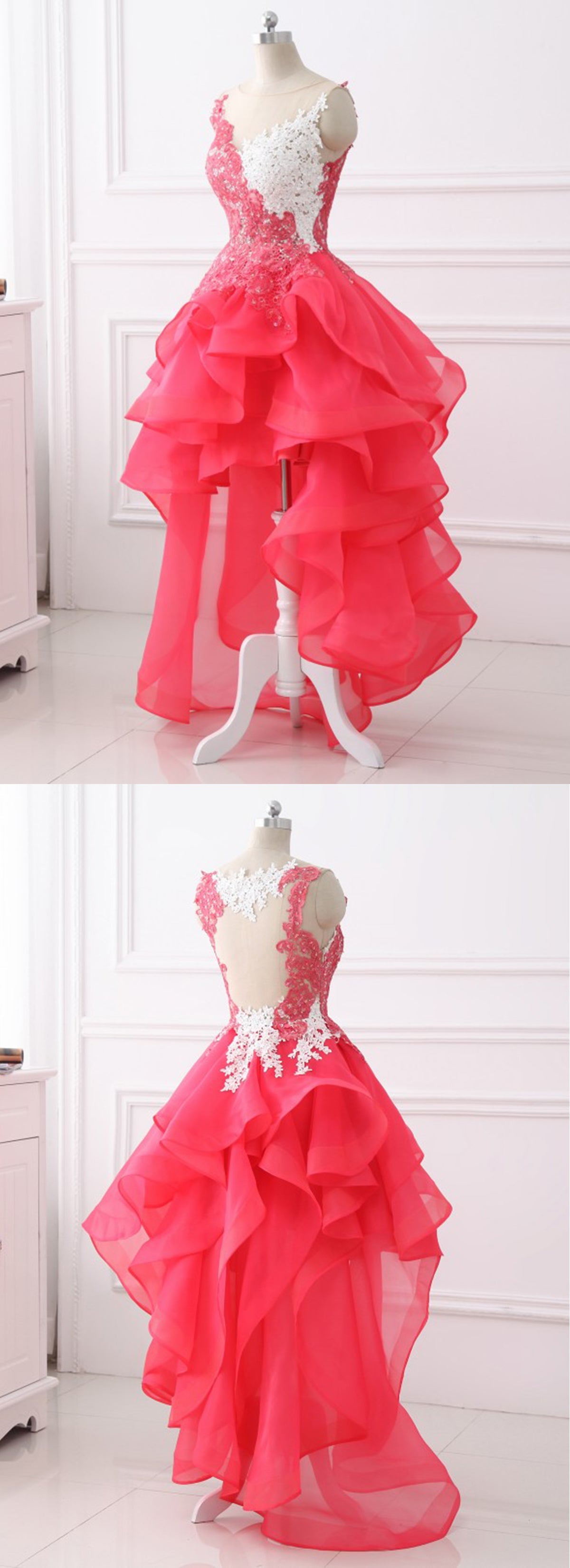 A-Line Coral Lace Layered High Low prom Dress, Lace Party Dress Formal Evening Gowns cg17500