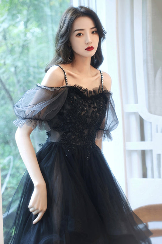 Black tulle lace high low prom dress party dress 8743