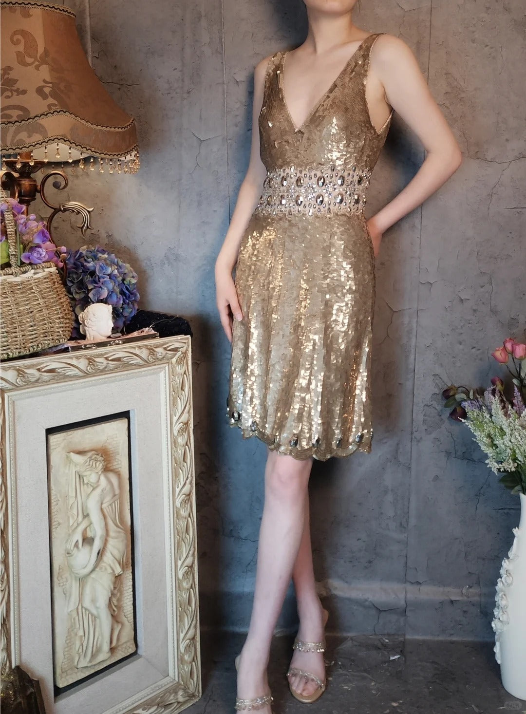 Gold gorgeous vintage beaded sequins elegant long sequin homecoming dress prom dress evening dress cocktail party dress gh4798