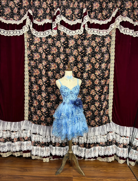 Retro Blue Floral Applique A-Line Elegant Chiffon Tiered Homecoming Dress Evening Dress Prom Dresses TP4141