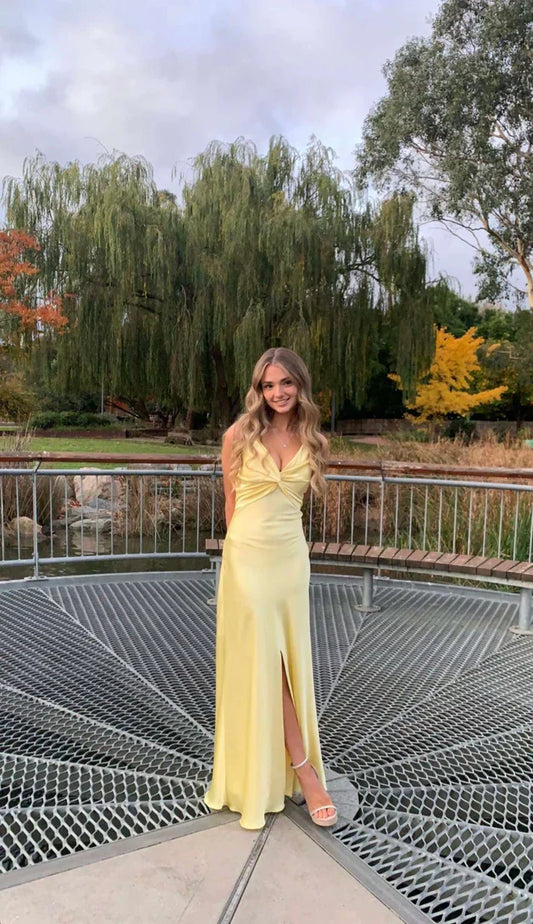 Vintage Yellow V-neck Mermaid Satin Spaghetti Strap Party Dress Evening Gown Bridesmaid Dress TP4297