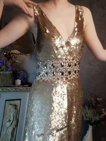 Gold gorgeous vintage beaded sequins elegant long sequin homecoming dress prom dress evening dress cocktail party dress gh4798