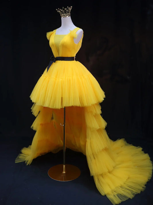 Yellow Tulle High Low Prom Dress, Yellow Formal Evening Dress ED0715