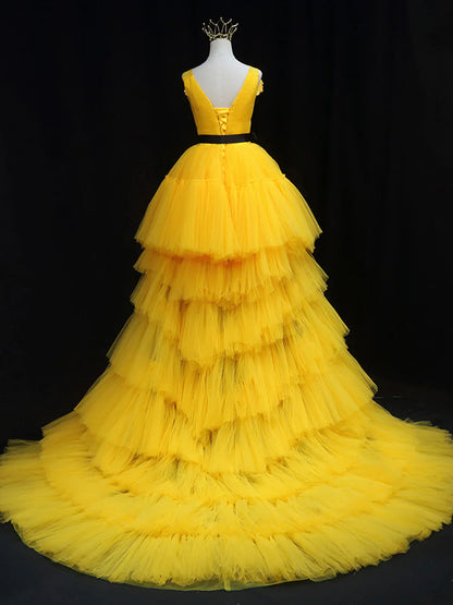 Yellow Tulle High Low Prom Dress, Yellow Formal Evening Dress ED0715