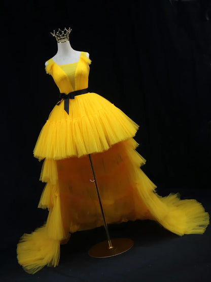 Yellow Tulle High Low Prom Dress, Yellow Formal Evening Dress ED0715