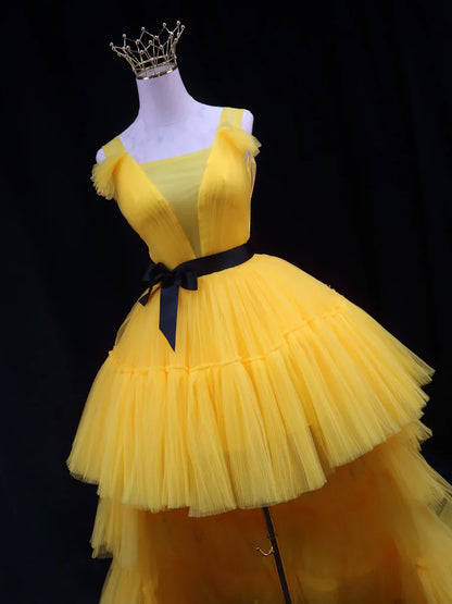Yellow Tulle High Low Prom Dress, Yellow Formal Evening Dress ED0715