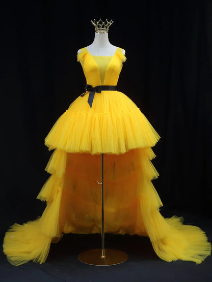 Yellow Tulle High Low Prom Dress, Yellow Formal Evening Dress ED0715