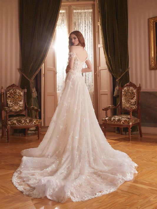 Gorgeous Ivory Lace Applique Off-the-shoulder A-Line Wedding Dress Prom Dress Evening Dress TP4595