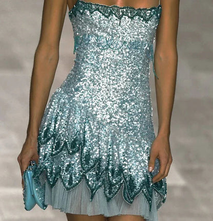 Sparkly Blue Strapless Sequin Homecoming Dress Spaghetti Straps Cocktail Dress Birthday Outfits SH3502
