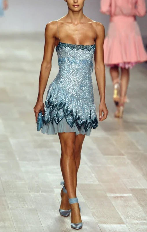 Sparkly Blue Strapless Sequin Homecoming Dress Spaghetti Straps Cocktail Dress Birthday Outfits SH3502