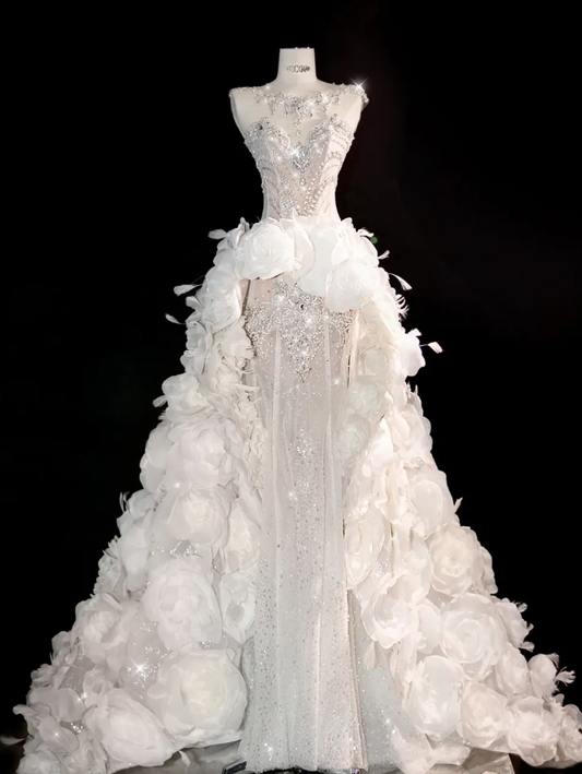 3D Flower White A Line Sweetheart Neck Rhinestone Tulle Long Prom Dress SH3247