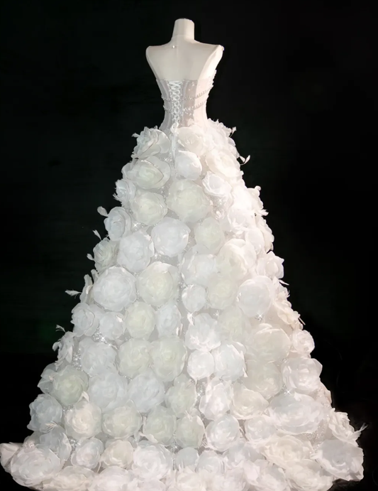 3D Flower White A Line Sweetheart Neck Rhinestone Tulle Long Prom Dress SH3247