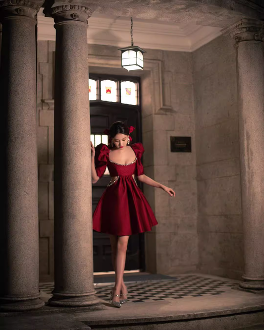 Vintage Burgundy A-Line Homecoming Dress Beaded Short Puff Sleeves Party Dress A-Line Cocktail Dress T4635