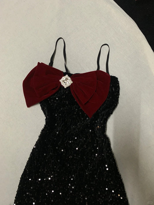 Black Shiny Burgundy Velvet Bow New Fashion Exquisite Sparkling Diamond short Sequin Homecoming Dress Birthday Party Dress Cocktail Party Dress Evening Dress Prom Dress Evening Dress gh3965